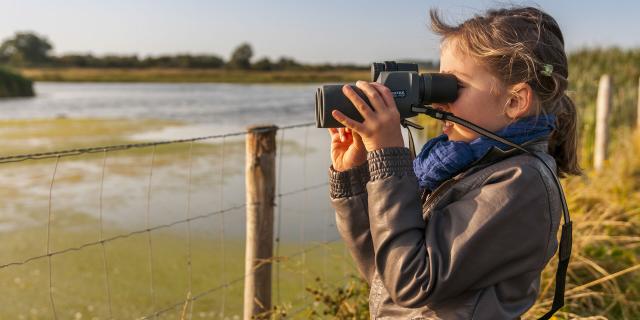 Enfants qui observent les oiseaux avec une paire de jumelles au marais du Crotoy - Baie de Somme - Credit CRT HDF Stephane Bouilland