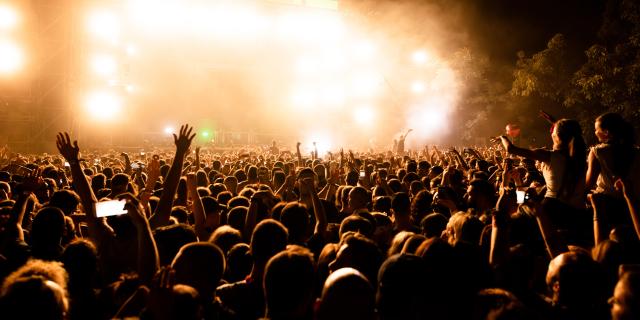 Rear view of large group of music fans in front of the stage during music concert by night. Copy space.